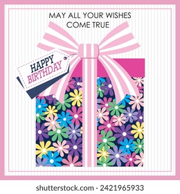 Happy birthday card design with gift and flowers motif