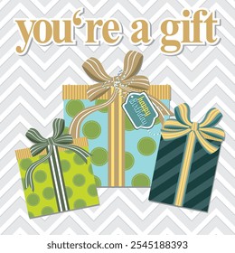 Happy birthday card design with gift boxes