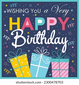 Happy birthday card design with gifts and lettering