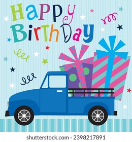 Happy birthday card design with gifts on the car