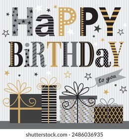 Happy birthday card design with gifts, text and stars