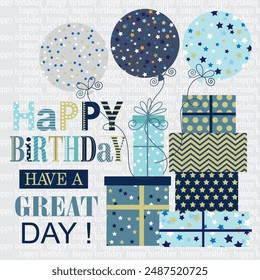 Happy birthday card design with gifts boxes and balloons