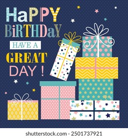 Happy birthday card design with gifts and lettering