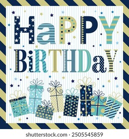 Happy birthday card design with gifts, stars and lettering