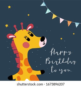 Happy Birthday card design with giraffe and flag garland and handwritten phrase in cartoon style. Vector Illustration for birthday children postcard or poster.