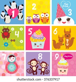 Happy Birthday Card design with Kawaii Cupcake squirrel ladybug monkey matryoshka owl penguin, pastel colors. Vector