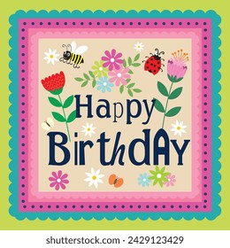 Happy birthday card design with lettering and flowers