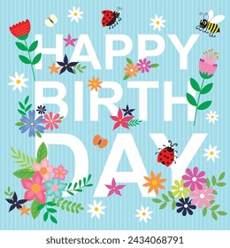Happy birthday card design with lettering, flowers and insect
