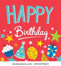 Happy birthday card design with lettering, balloon, cake, gift and hats