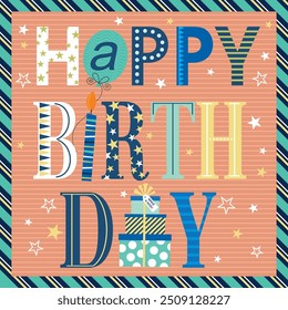 Happy birthday card design with lettering, balloon and gifts