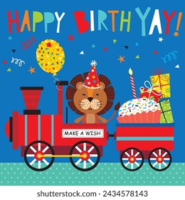 Happy birthday card design with lion, cupcake and gifts on the train