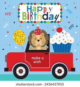 Happy birthday card design with lion and cupcake in the car