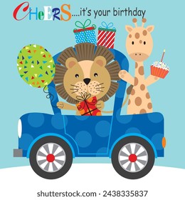 Happy birthday card design with lion and giraffe on the car