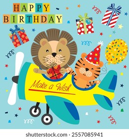 Happy birthday card design with lion and tiger on the plane