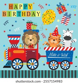 Happy birthday card design with lion, tiger and zebra on the train