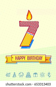 Happy birthday card design. Number candle, congratulation ribbon and party icons on memphis style background. Template for your design works. Vector illustration.