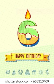 Happy birthday card design. Number candle, congratulation ribbon and party icons on memphis style background. Template for your design works. Vector illustration.