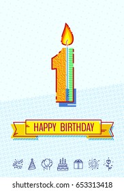 Happy birthday card design. Number candle, congratulation ribbon and party icons on memphis style background. Template for your design works. Vector illustration.