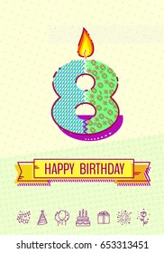 Happy birthday card design. Number candle, congratulation ribbon and party icons on memphis style background. Template for your design works. Vector illustration.
