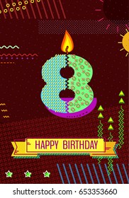 Happy birthday card design. Number candle and congratulation ribbon on memphis style background. Template for your design works. Vector illustration.