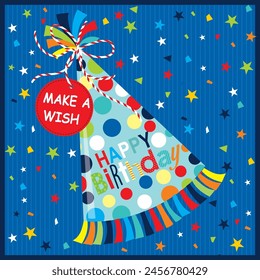 happy birthday card design with party hats and stars