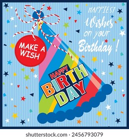 Happy birthday card design with party hat and stars