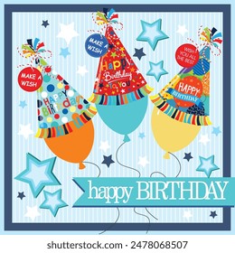 Happy birthday card design with party hat, balloons and stars