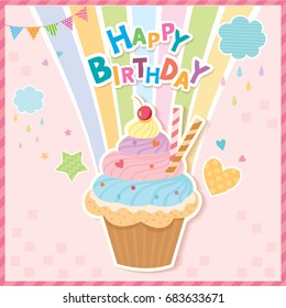 Happy birthday card design with rainbow cupcake and on pink background colors.