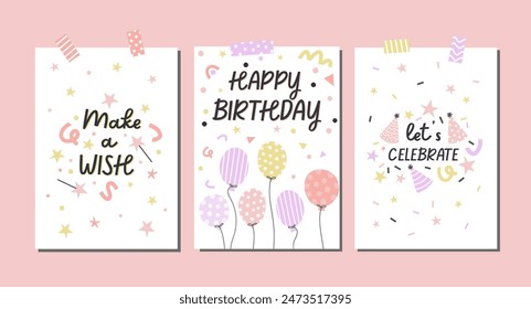Happy Birthday card design set, fun hand drawn vector birthday and celebration illustration posters.