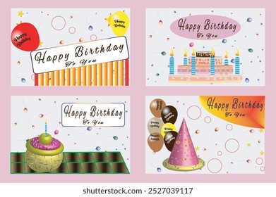 Happy birthday card design set. Trendy greeting cards with cake,  different color helium balloons, party hat, elegant vector illustration templates
