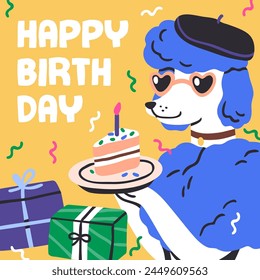 Happy birthday card design with stylish dog in sunglasses. Anthropomorphic fashion animal celebrating holiday with festive cake and gifts. Funny modern trendy postcard. Flat vector illustration