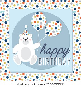Happy birthday card design with teddy bear and balloons