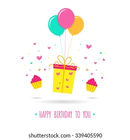 Happy Birthday card design template. Gift with balloons. Vector illustration