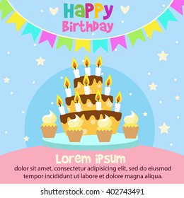 Happy Birthday card design template with image of birthday cakes and candle.
