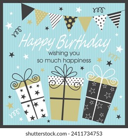 Happy birthday card design with text, gifts and decorations