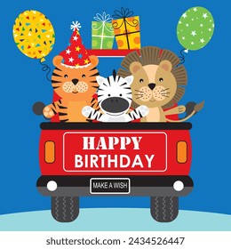 Happy birthday card design with tiger, lion and zebra on the car