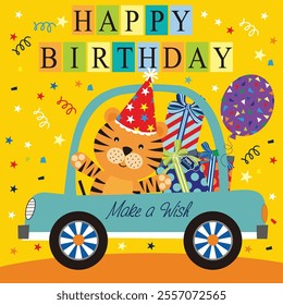 Happy birthday card design with tiger, gifts, balloon in the car