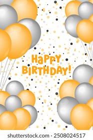 Happy Birthday card design. Vector illustration. Bday greeting card vertical template. Helium balloons golden and silver and text. Fun celebration postcard, party objects