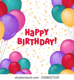 Happy Birthday card design. Vector illustration. Bday square greeting card template. Helium balloons colorful and text. Fun celebration postcard, party objects.