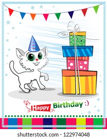 Happy birthday card design. White cat