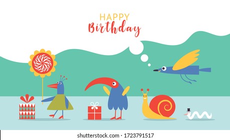 Happy Birthday card design,banner template.  Greeting card.children illustrations style. Cute birds , snail and little worm,  gift card.