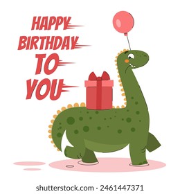 Happy birthday card with dinosaur, children's card, vector graphics, holiday