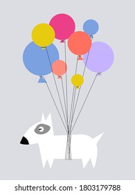 Happy birthday card with dog flying on the balloons