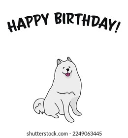 Happy birthday card with dog, holiday design. Present for a dog lover. Funny cartoon dog breed illustration.  Minimalistic greeting card. Fun Samoyed dog in hat character postcard.