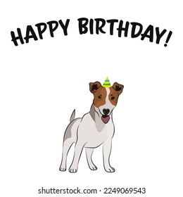 Happy birthday card with dog, holiday design. Present for a dog lover. Funny cartoon dog breed illustration.  Minimalistic greeting card. Fun Jack Russell dog in hat character party postcard.