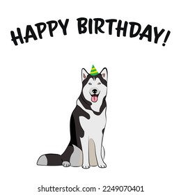 Happy birthday card with dog, holiday design. Present for a dog lover. Funny cartoon dog breed illustration.  Minimalistic greeting card. Fun Husky dog in hat character party postcard.