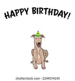 Happy birthday card with dog, holiday design. Present for a dog lover. Funny cartoon dog breed illustration.  Minimalistic greeting card. Fun Greyhound dog in hat character party postcard.