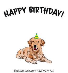 Happy birthday card with dog, holiday design. Present for a dog lover. Funny cartoon dog breed illustration.  Minimalistic greeting card. Fun Golden Retriever dog in hat character party postcard.