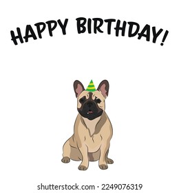 Happy birthday card with dog, holiday design. Present for a dog lover. Funny cartoon dog breed illustration.  Minimalistic greeting card. Fun French Bulldog dog in hat character party postcard.