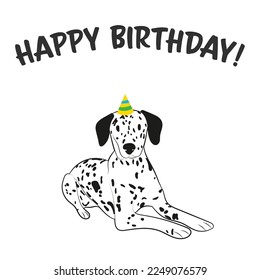 Happy birthday card with dog, holiday design. Present for a dog lover. Funny cartoon dog breed illustration.  Minimalistic greeting card. Fun Dalmatian dog in hat character party postcard.